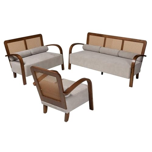 Baxton Studio Sage Modern Japandi Light Grey Fabric And Walnut Brown Finished Wood 3-Piece Living Room Set With Woven Rattan