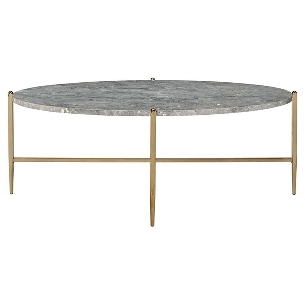 Acme Tainte Oval Faux Marble Top Coffee Table In Gray And Champagne