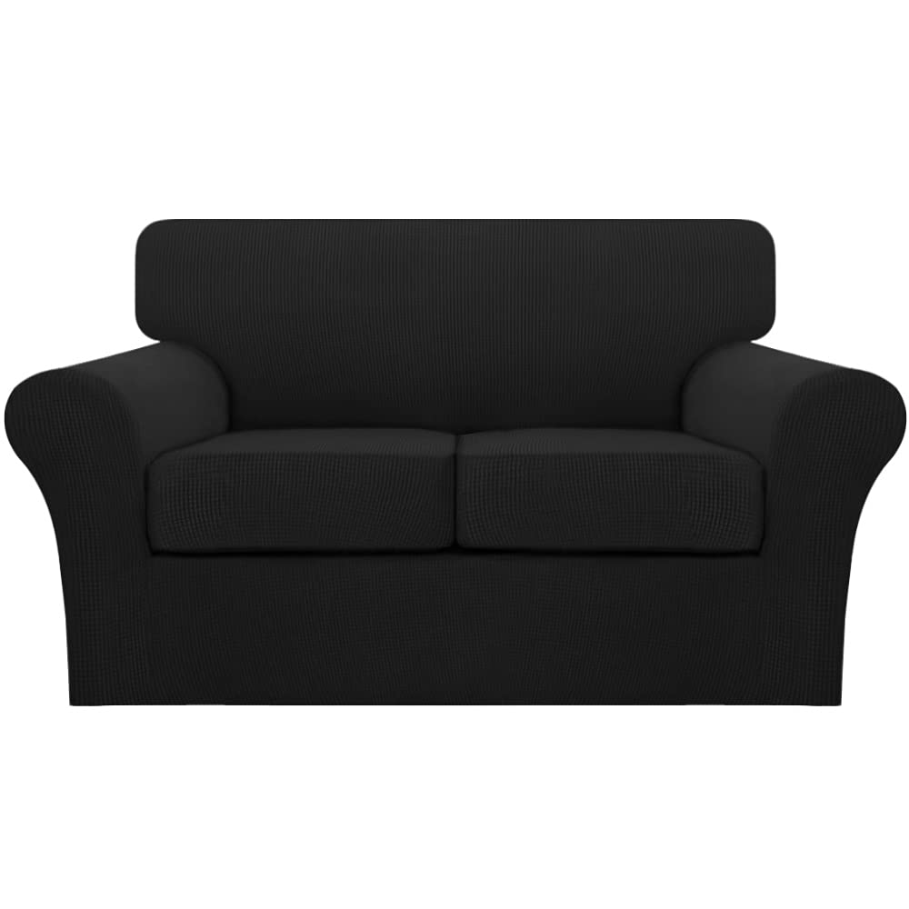 3 Piece Sofa Covers For 2 Cushion Couch Sofa Slipcover Soft Couch Cover For Dogs-Washable Sofa Furniture Covers With 2 Individual Cushion Covers, Feature Thick Jacquard Fabric (Loveseat, Black)