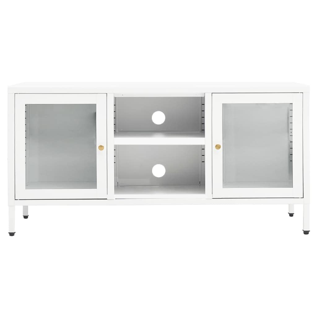 vidaXL - Modern TV Stand and Cabinet with Adjustable Shelf and Feet, White Powder-Coated Steel and Tempered Glass, Space-Saving and Easy to Clean, 41.3&quot;x13.8&quot;x20.5&quot;