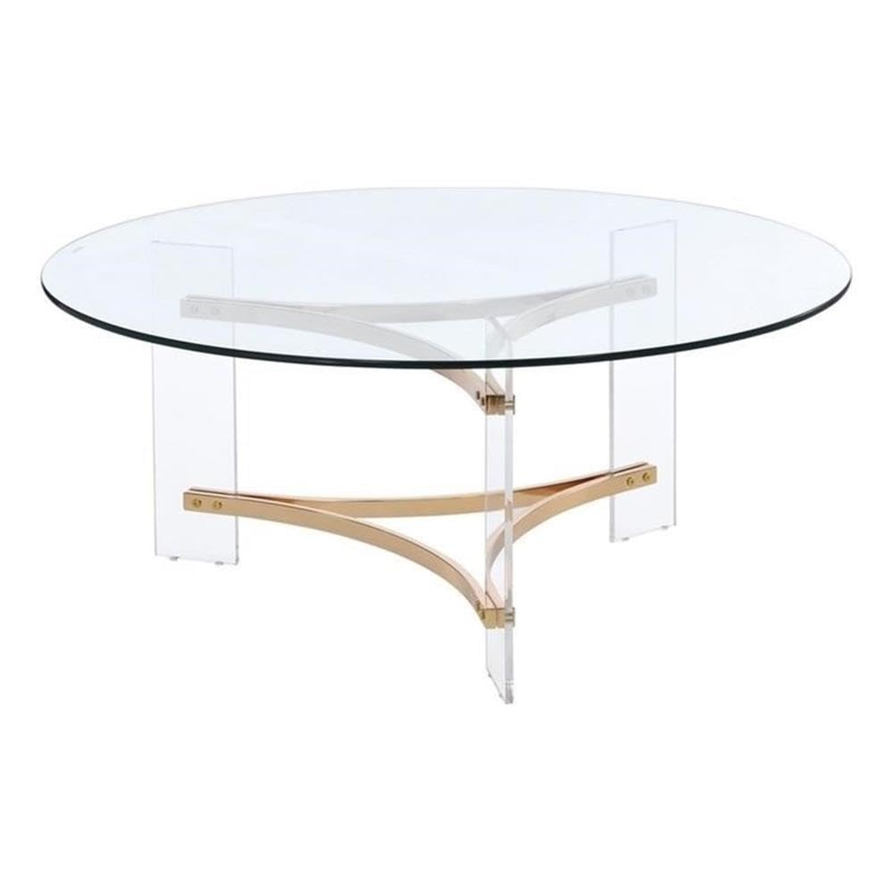 Acme Sosi Round Tempered Glass Top Coffee Table in Clear and Gold
