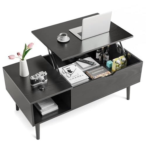 Sweetcrispy Wooden Lift Top Coffee Tables for Living Room, Small Rising Dining Center Tables with Storage Shelf and Hidden Compa