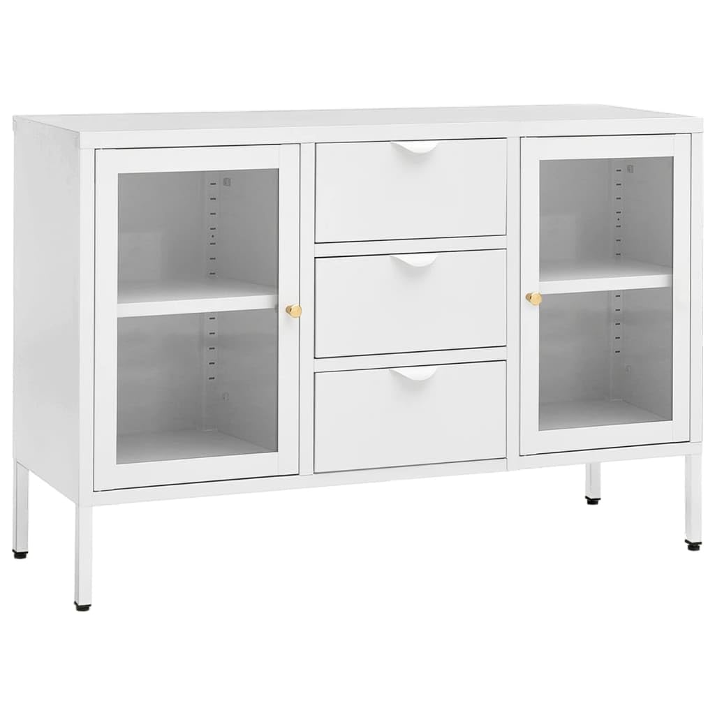 vidaXL Modern Sideboard in White - Durable Steel and Tempered Glass Storage Cabinet with Adjustable Shelves and Drawers