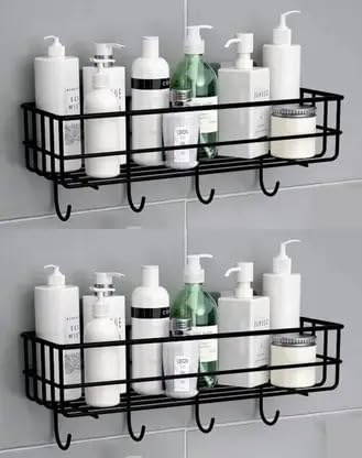 Gkart Wall Mounted Storage Shelf, Stainless Iron, Black, SelfAdhesive, 4 Hooks, 27.5x10x10 cm, Pack of 2