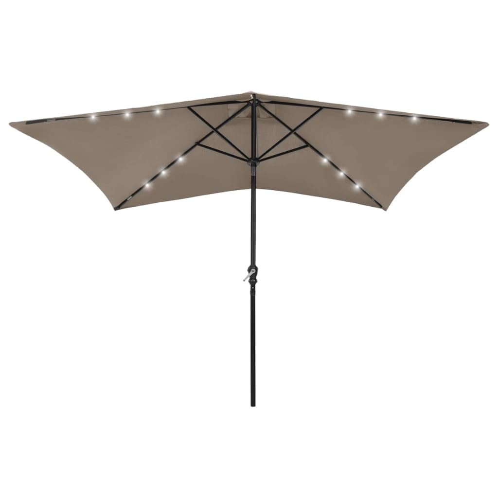 vidaXL Taupe Garden Parasol with LEDs and Steel Pole 6.6x9.8, UV Protection and Anti-fade Polyester Outdoor Umbrella with Sola