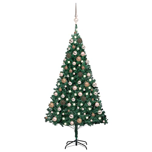 Vidaxl Artificial Christmas Tree With Leds&Ball Set - 59.1&quot; Tall Pvc Green Christmas Tree With Usb Connection, Shiny And Matte Rose Gold Ornament Balls Included