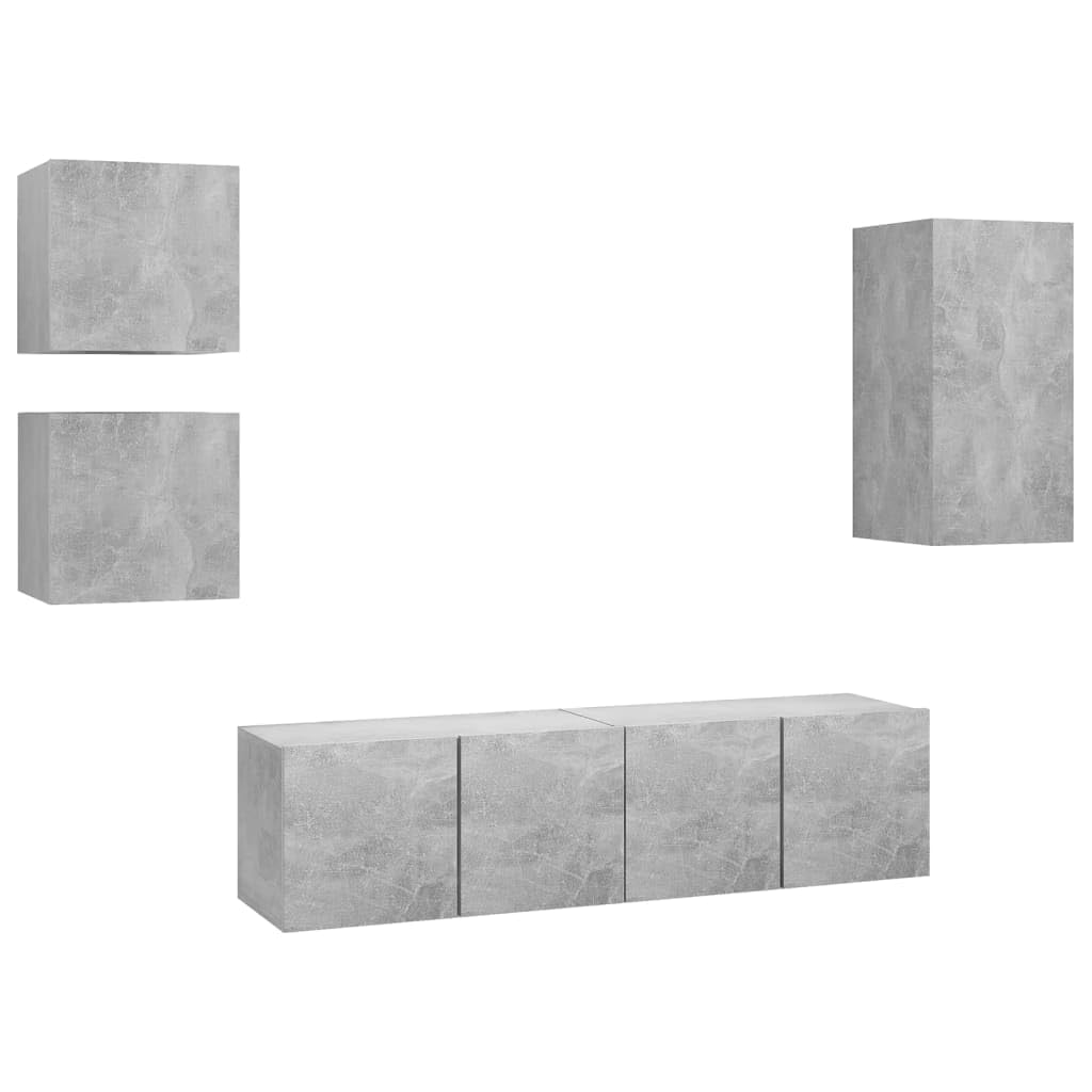 vidaXL TV Cabinet Set 5 Piece Home Indoor Hanging Wall-Mounted Stereo Plasma HiFi Cabinet TV Stand Unit Furniture Concrete Gray Engineered Wood