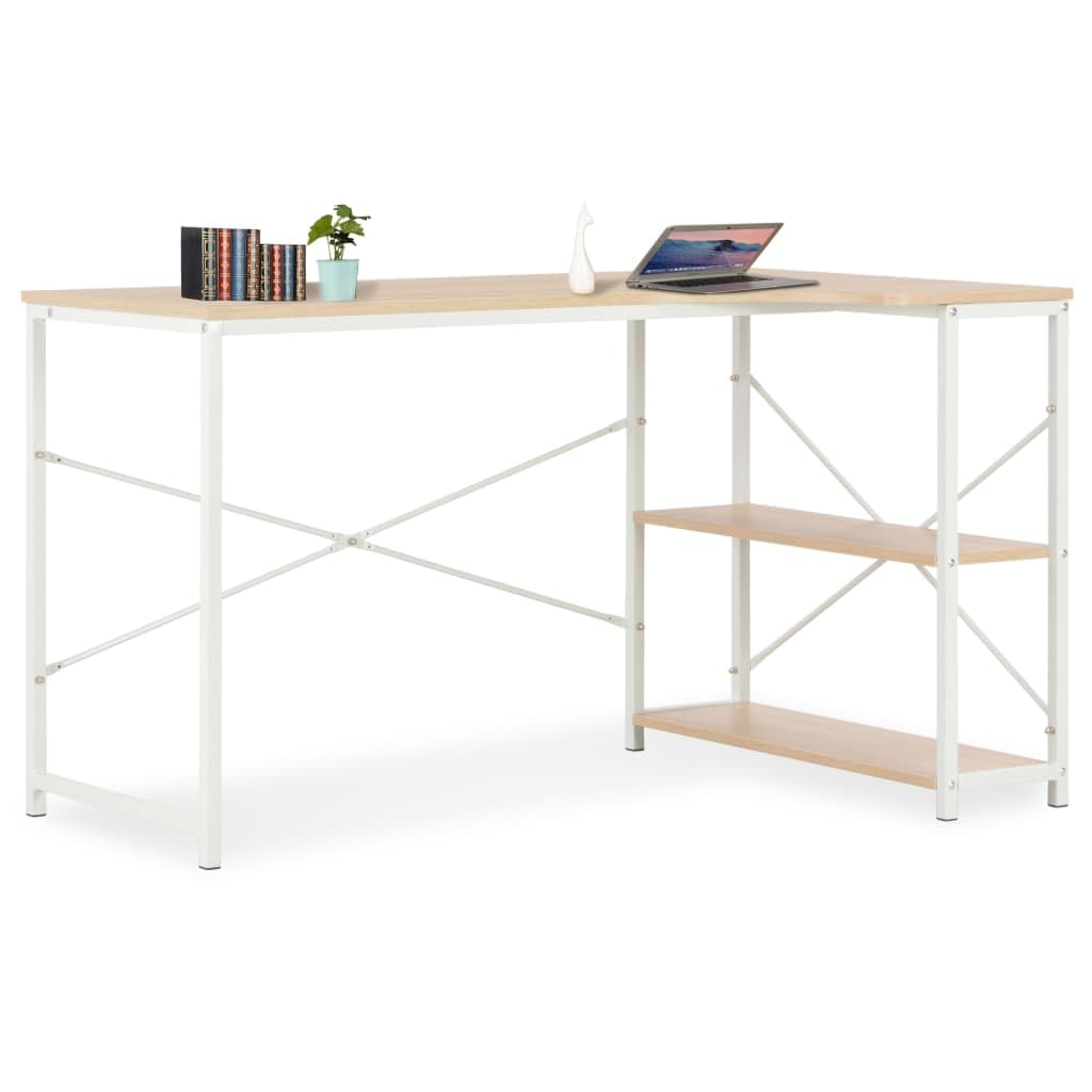 vidaXL Modern Computer Desk, Large Office Desk with Two Shelves, Sturdy Writing Desk with Powder-Coated Metal Legs, Industrial Style Workspace Solution, White & Oak
