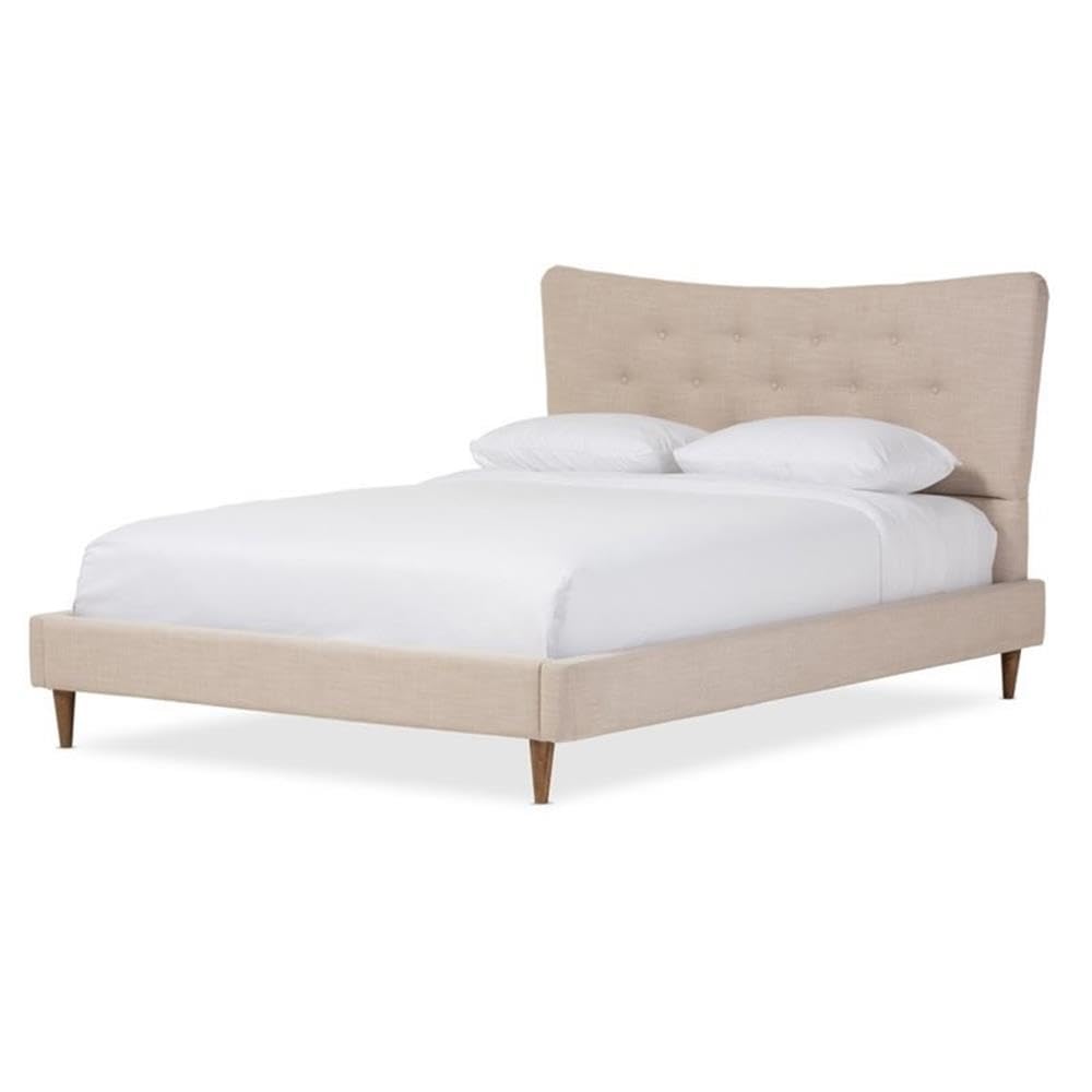 Baxton Studio Hannah Mid-Century Modern Beige Linen Queen Size Platform Bed