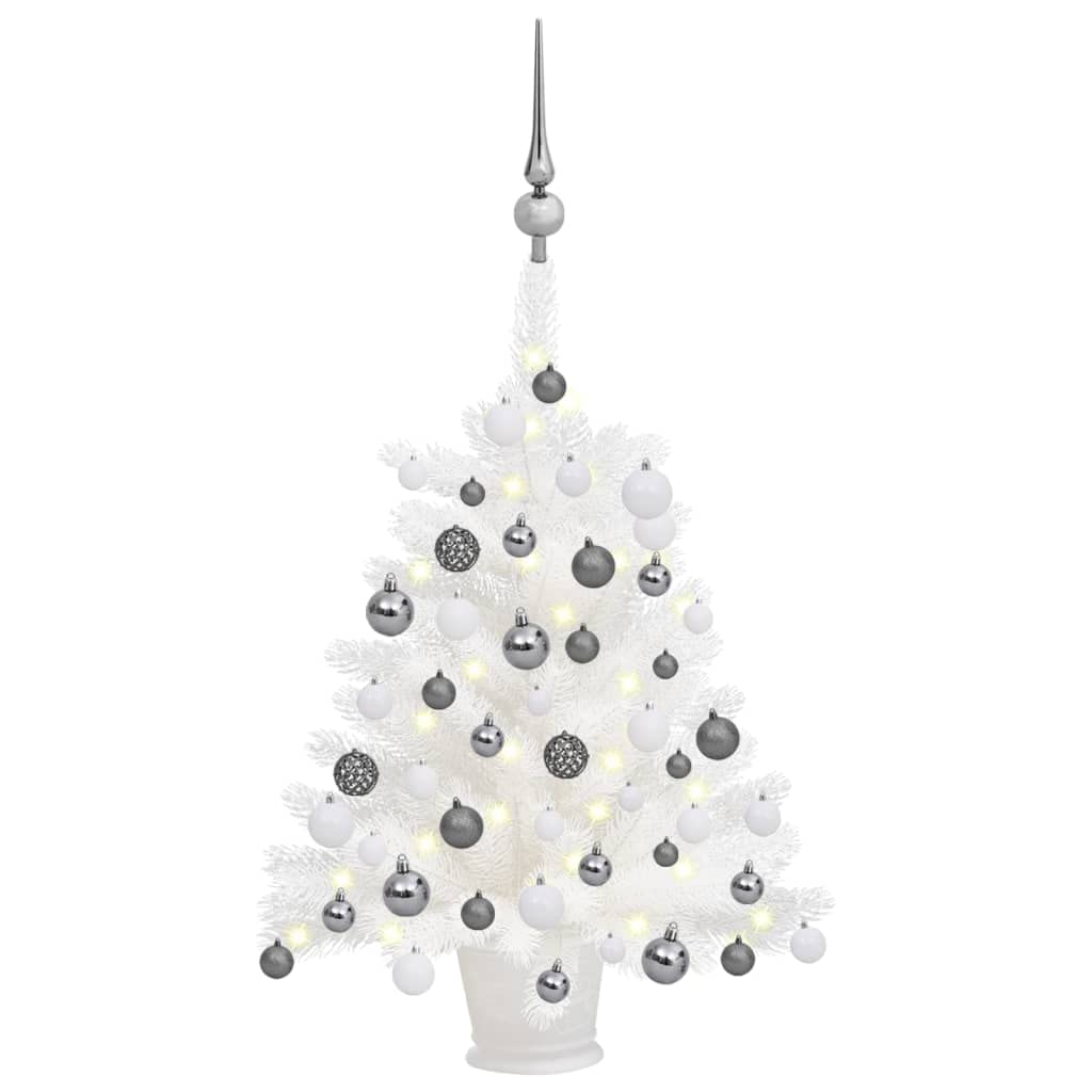 Vidaxl Artificial Pre-Lit Christmas Tree With Ball Set - White Needle-Shaped Pe Branches, 150 Led Lights & Pot Included, Height 25.6&quot;, Diameter 13.8&quot;