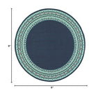 HomeRoots Polypropylene 8’ Round Navy and Green Geometric Indoor Outdoor Area Rug