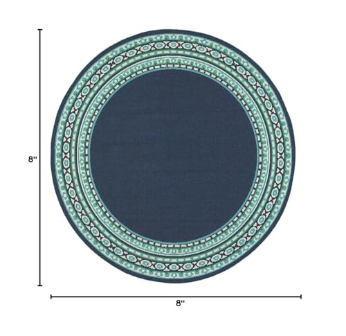 HomeRoots Polypropylene 8’ Round Navy and Green Geometric Indoor Outdoor Area Rug