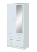 HODEDAH 2 Door Wood Wardrobe Bedroom Closet with Clothing Rod inside Cabinet, 2 Drawers for Storage and Mirror, White