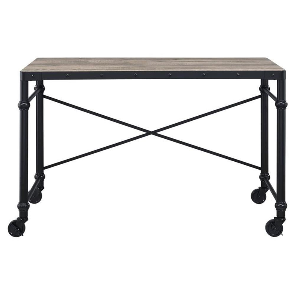 Acme Oklarth Wooden Top Writing Desk with Wheels in Rustic Oak and Black