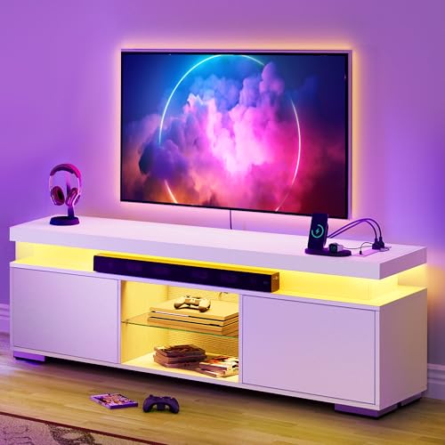 Yitahome Tv Stands For Living Room, Entertainment Center With Storage, Led Modern Tv Stand With Power Outlets, Tv Stand For 65/60Inch Tv, Media Tv Console Table, White