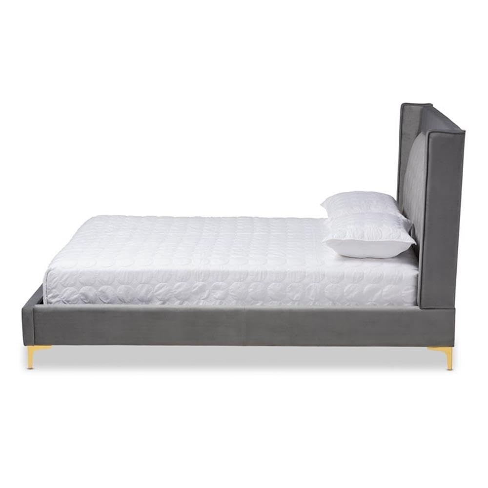 Baxton Studio Valery Modern and Contemporary Dark Gray Velvet Fabric Upholstered King Size Platform Bed with Gold-Finished Legs