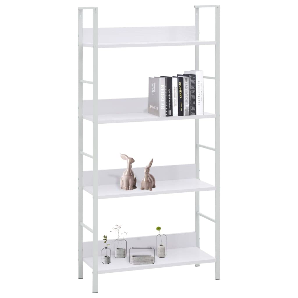 vidaXL 4-Layer Book Shelf - White, Engineered Wood and Steel Structure, Indoor and Outdoor Usable Stand for Storing Books, Items and Plant Display