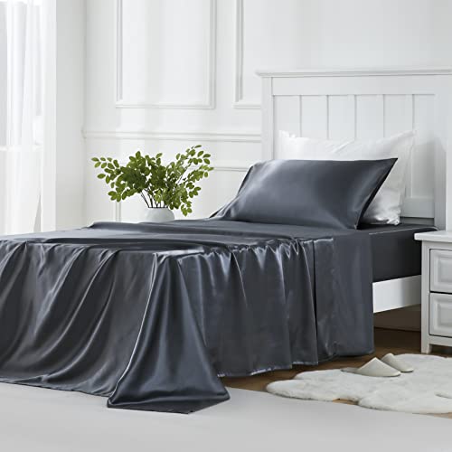 Golal Satin Sheets Twin Xl Size - 3 Pieces Luxury Silky Soft Bed Sheets, Wrinkle-Free Dark Grey Satin Silk Sheet Set With 1 Deep
