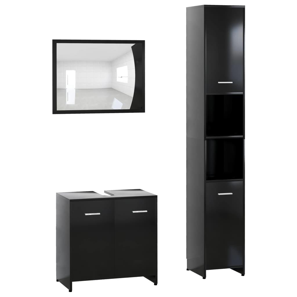 vidaXL Bathroom Furniture Set 3 Pieces Under Basin High Medium Cabinet Storage Mirror Laundry Room Washroom Cupboard Rack Black Engineered Wood