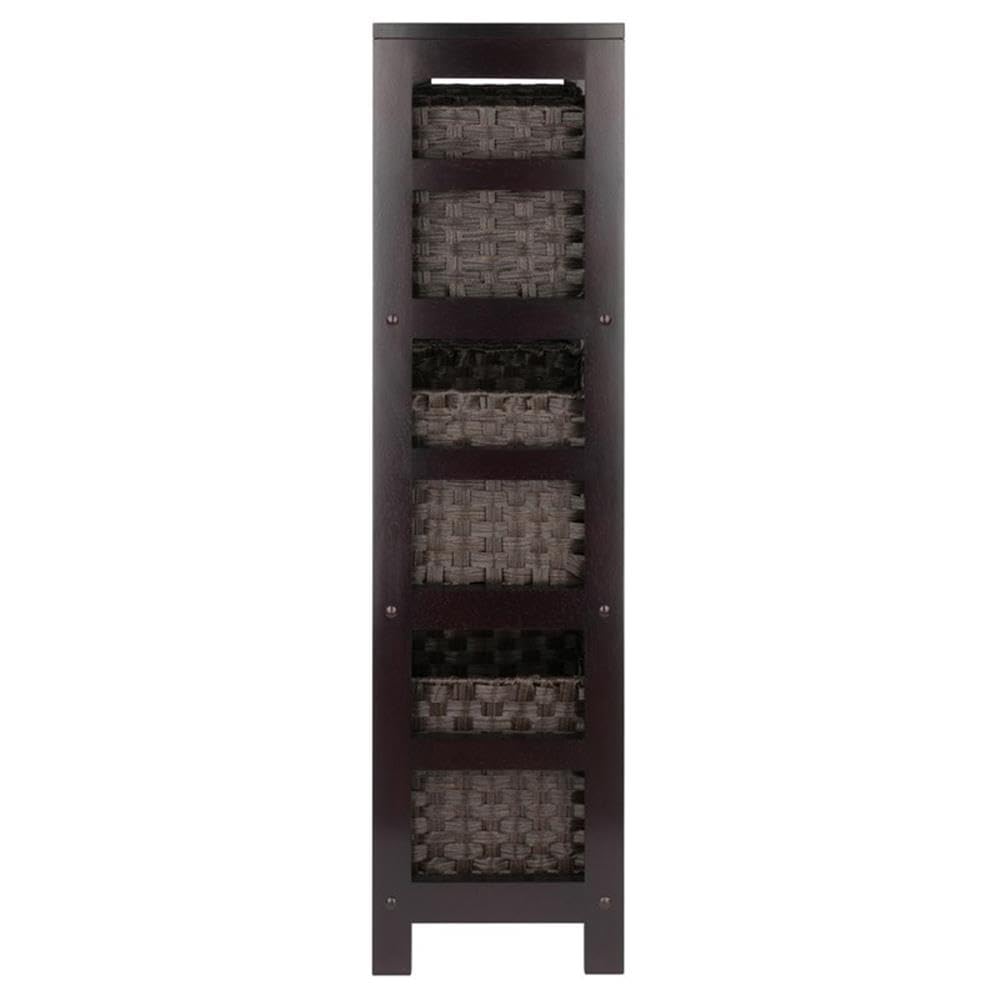 Winsome Leo 3-Tier Wide Storage Shelf with 6 Foldable Woven Baskets, for Living Room, Home Office, Bedroom, Espresso