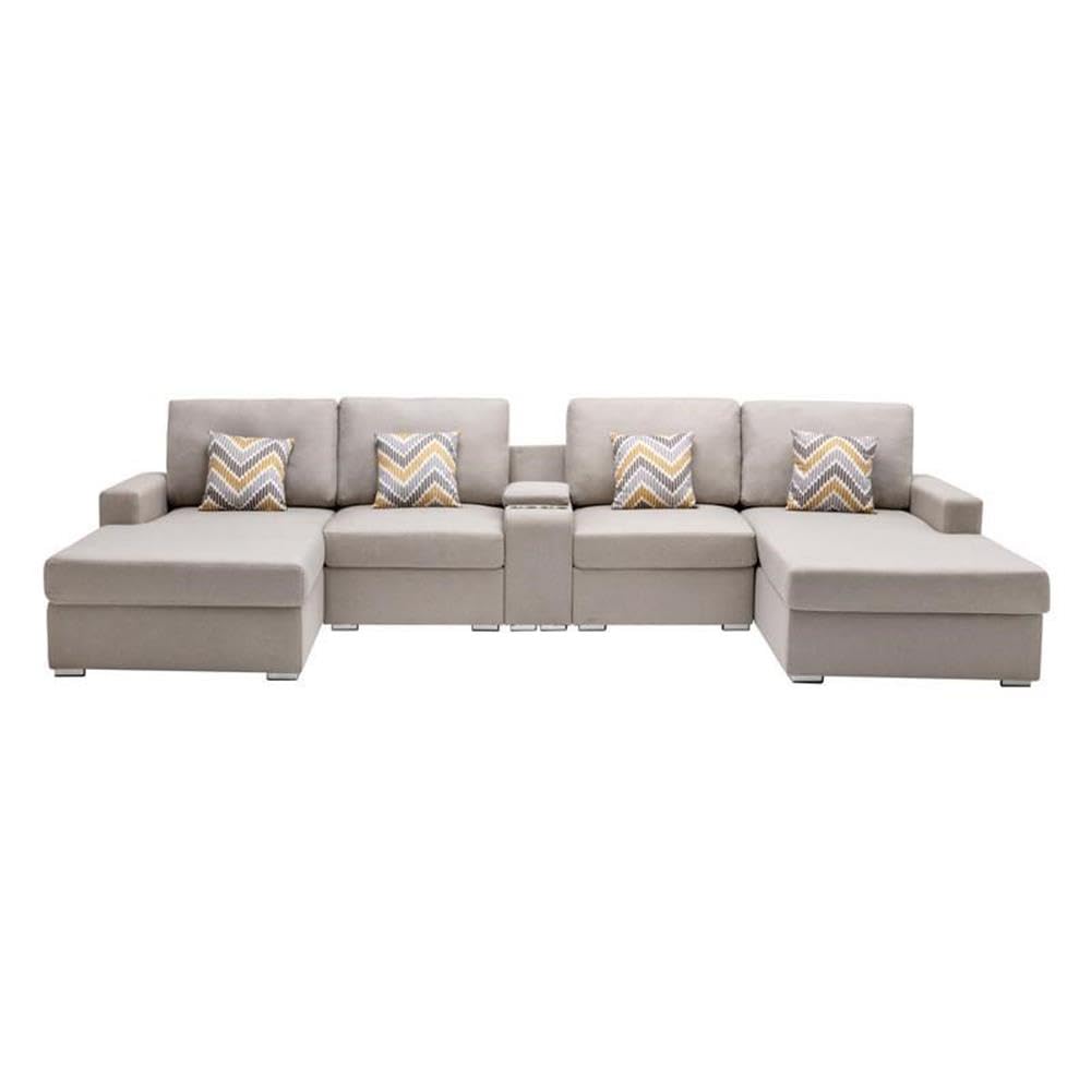 Lilola Home Nolan Beige Linen Fabric 5Pc Double Chaise Sectional Sofa with Interchangeable Legs, a USB, Charging Ports, Cupholders, Storage Console Table and Pillows