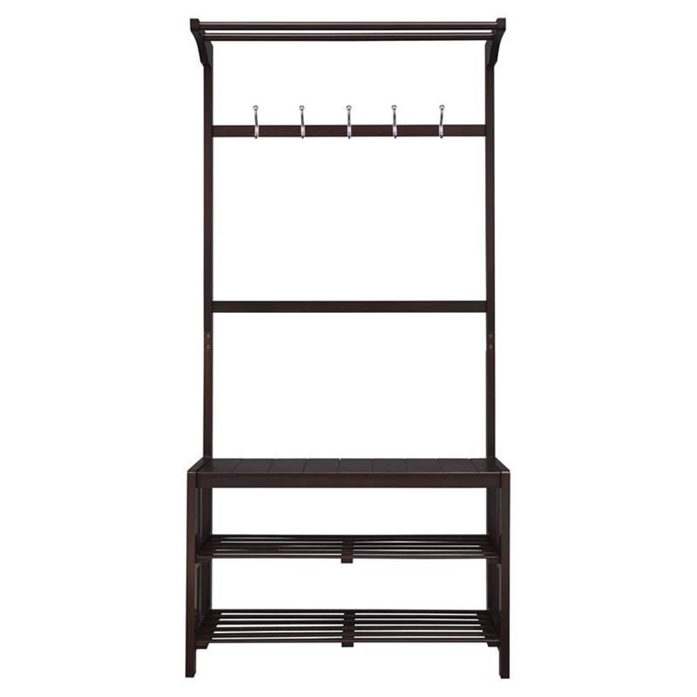 Acme Pieria Wooden Hall Tree with 5 Hooks and 2 Cloth Rods in Espresso