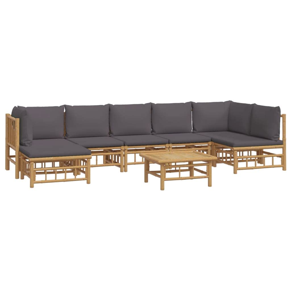 vidaXL Bamboo Patio Lounge Set with Dark Gray Cushions - 8 Piece Modular Sofa Set Including Middle Sofa, Corner Sofa, Footstool and Table for Outdoor Garden