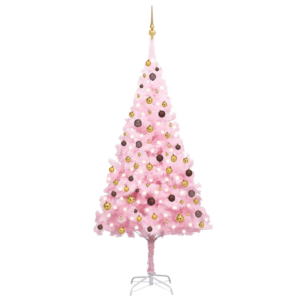 Vidaxl 94.5&quot; Pink Artificial Christmas Tree With Leds And Balls - Lifelike Pvc Christmas Tree With Decorative Shiny And Matt Gold And Bronze Balls.