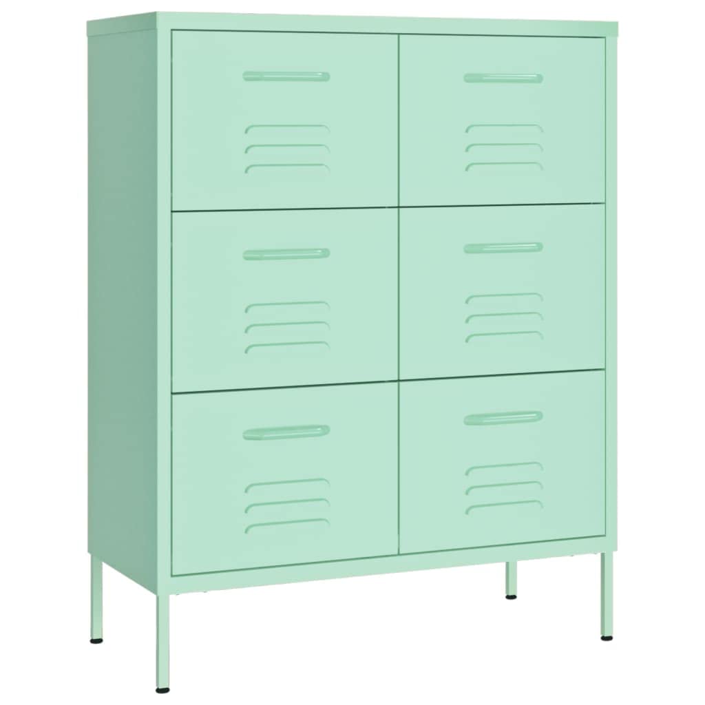 vidaXL Steel Drawer Cabinet - Mint Green, 6 Drawers, 31.5&quot; x 13.8&quot; x 40&quot;, Fully Extendable Sections Ballbearing Runners, 264.5lb Total Load Capacity, Requires Assembly