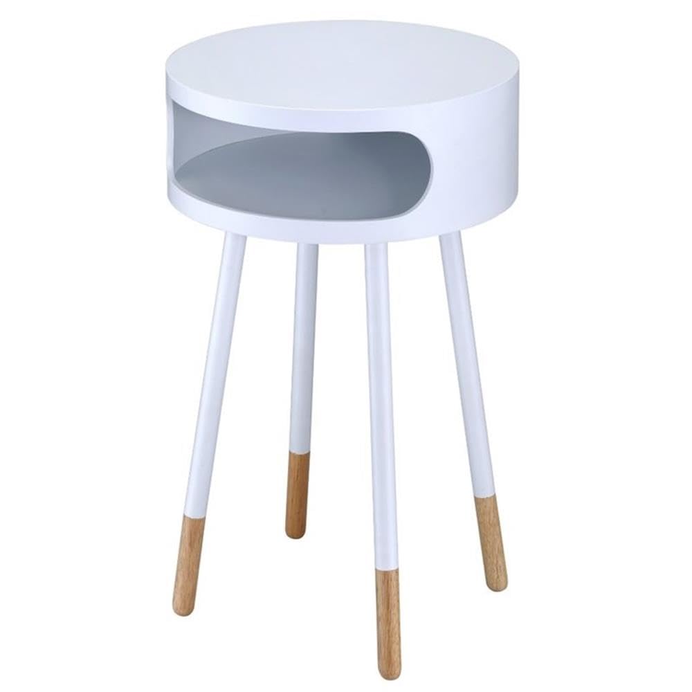 Acme Sonria Round Wooden End Table with 1 Compartment in White and Natural