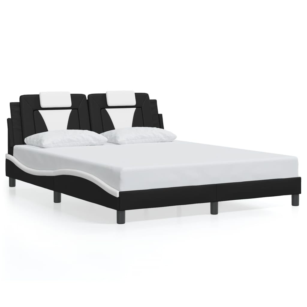 vidaXL - Queen Faux Leather Bed Frame with Headboard Black/White - Plywood Slats - Waved Side Design - 85.8"x61.8"x29.3"