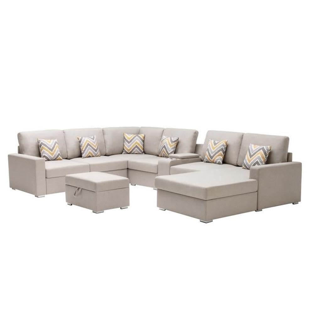 Lilola Home Nolan Beige Linen Fabric 8Pc Reversible Chaise Sectional Sofa with Interchangeable Legs, Pillows, Storage Ottoman, and a USB, Charging Ports, Cupholders, Storage Console Table