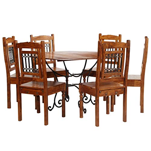vidaXL 7 Pieces Solid Acacia and Mango Wood Dining Table Set - Thumbnail 3