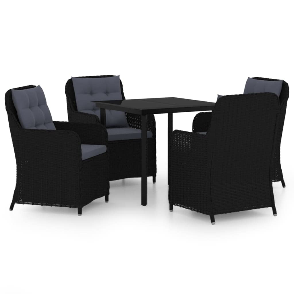 vidaXL 5-Piece Outdoor Patio Dining Set in Black - with Steel Frame, PE Rattan Chairs, & Glass Tabletop - Perfect for Garden/Patio