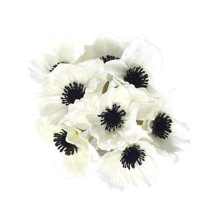 Floral Kingdom 8 pcs Real Touch Anemone Poppy Bouquet for Artificial Flower Decor (White)