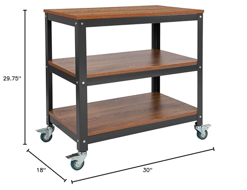 Flash Furniture Livingston Collection 30&quot;W Rolling Storage Cart With Metal Wheels In Brown Oak Wood Grain Finish
