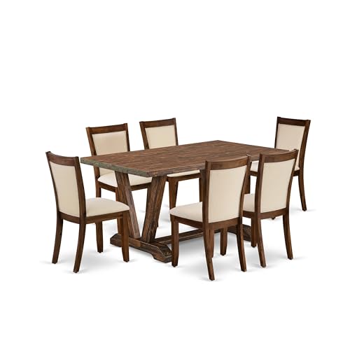 East West Furniture V776Mzn32-7 7 Piece Dining Set Consist Of A Rectangle Dining Room Table With V-Legs And 6 Light Beige Linen Fabric Upholstered Chairs, 36X60 Inch, Multi-Color
