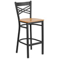 Flash Furniture HERCULES Series Black ''X'' Back Metal Restaurant Barstool - Natural Wood Seat