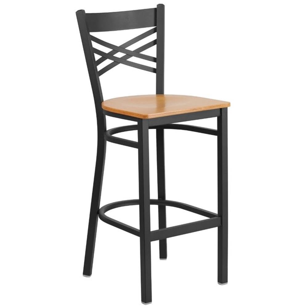 Flash Furniture HERCULES Series Black ''X'' Back Metal Restaurant Barstool - Natural Wood Seat