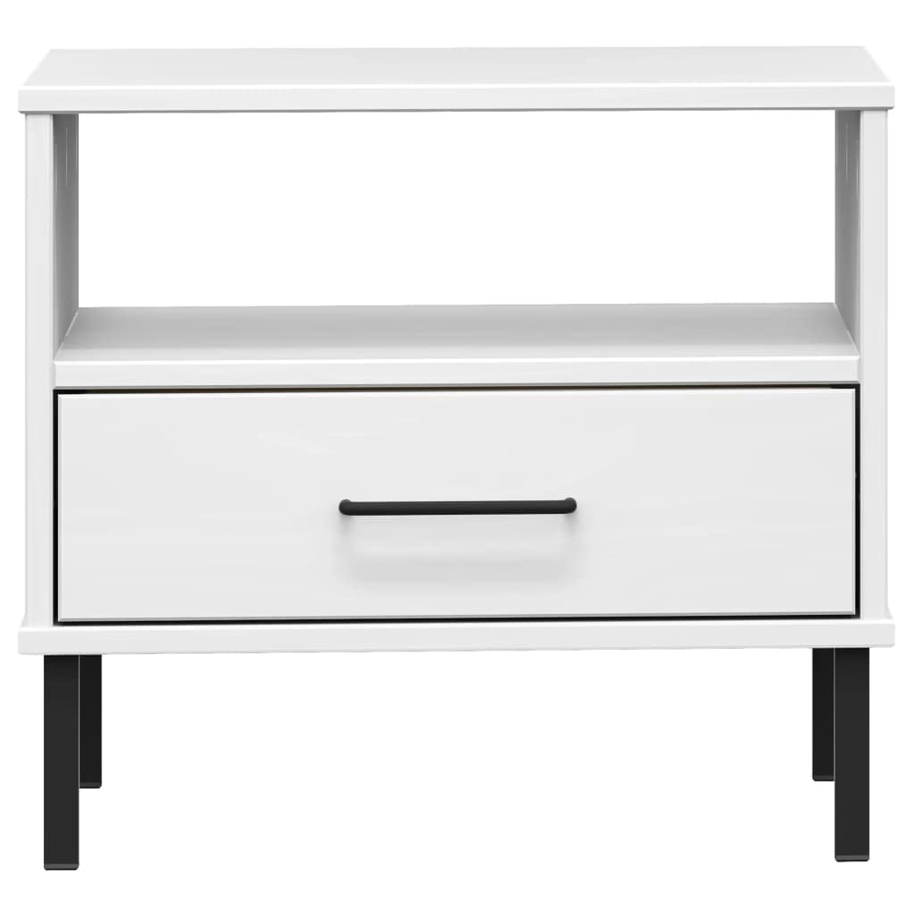 vidaXL Solid Pine Wood Bedside Table-Oslo Range, Industrial Design, White Finish, with Metal Legs, One Drawer and Open Compartment