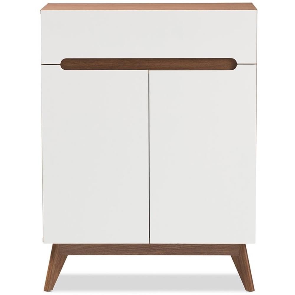 Baxton Studio Calypso Mid-Century Modern White and Walnut Wood Storage Shoe Cabinet Mid-Century/White/Walnut Brown/Particle Board/MDF with PU Paper/