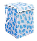 Foldable Laundry Basket with Lid, Blue Feather Print, Fabric, Collapsible Storage Hamper with Handles