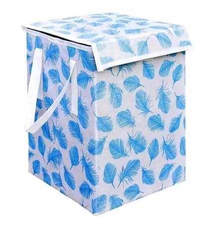 Foldable Laundry Basket with Lid, Blue Feather Print, Fabric, Collapsible Storage Hamper with Handles