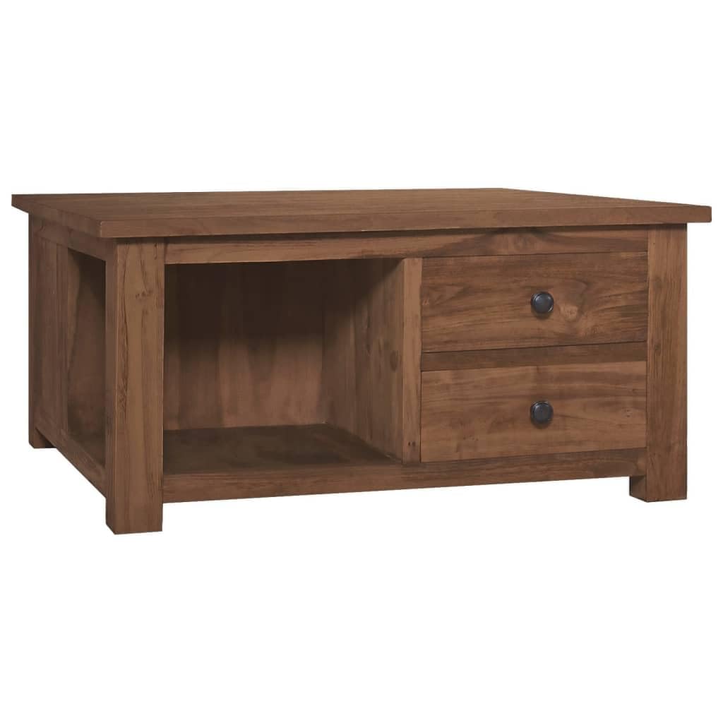 vidaXL Solid Square Teak Wood Coffee Table with Storage, 26.8&quot;x26.8&quot;x13&quot; - Rustic Style Side Table with Drawers and Lower Shelf - Living Room Furniture