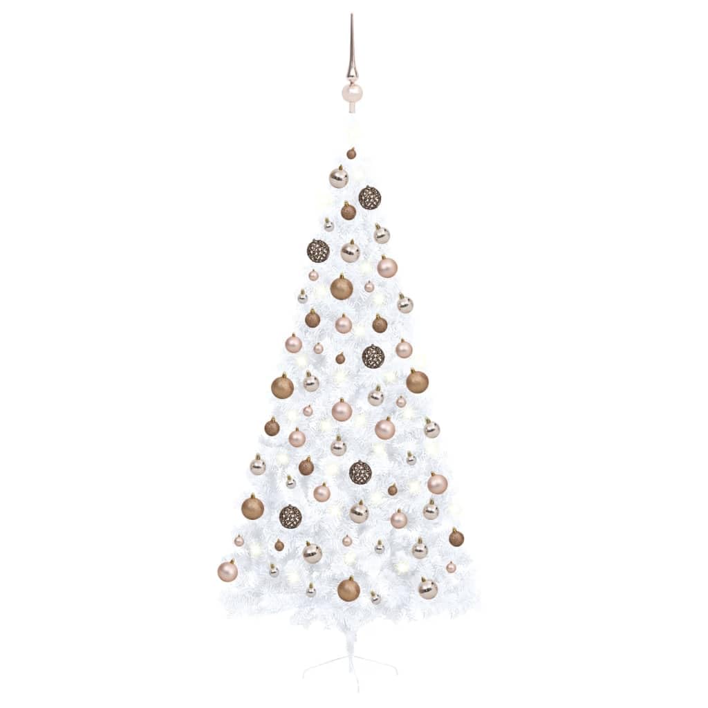 Vidaxl Artificial Half Christmas Tree With Led Lights & Decorative Balls Set - Ideal For Small Spaces, Energy-Efficient Lights - White & Rose Gold, 82.7&quot;