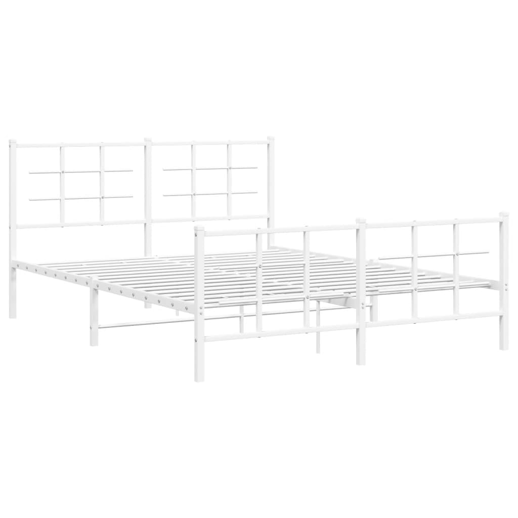 vidaXL White Steel Metal Bed Frame-Double Bed with Headboard/Footboard-81.5&quot; x61.4 x35.4 | Modern Bedroom Furniture