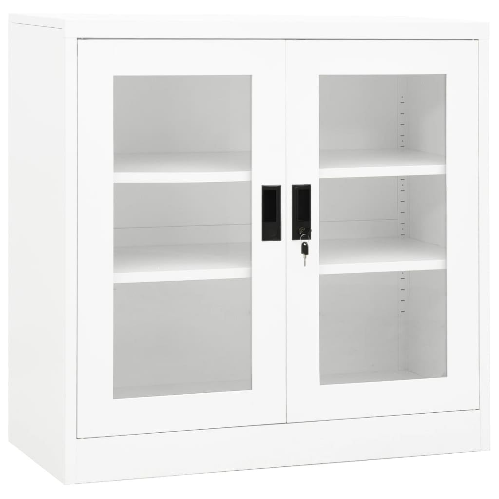 vidaXL White Office Cabinet - Scandinavian Style Steel Office Cabinet - 2-Door Steel Filing Cabinet with Glass Doors - Adjustable and Lockable Shelves