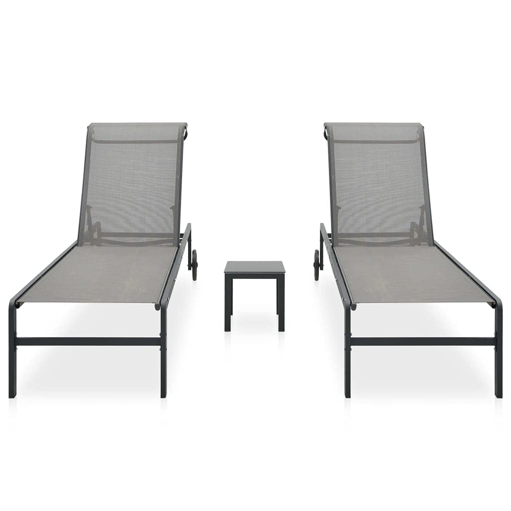 vidaXL Outdoor Sun Loungers Set of 2 with Table - Adjustable Backrest, Easy to Clean Textilene, Lightweight Steel Frame, Gray