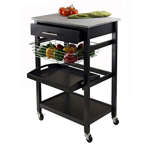 Ergode Julia Kitchen Cart - Sleek & Modern Design, Granite Top, Metal Basket, Removable Tray, Casters, Ample Storage, Black Finish. Dimensions: 22.6' W x 16' D x 34.1' H. (20322-VV)