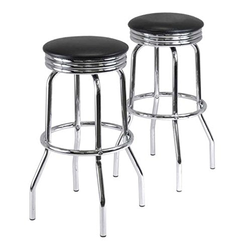 Ergode Wood Summit 2-Piece Stools - Modern Retro Style, 29.1" High, 360 Swivel Seat, Chrome Finish, Foot Bar, Easy Assembly, Set of 2